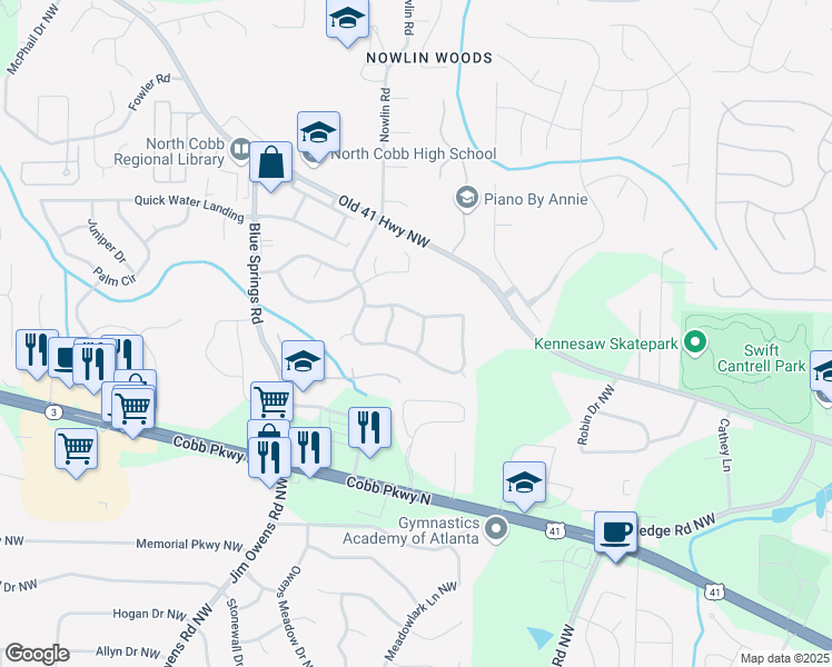 map of restaurants, bars, coffee shops, grocery stores, and more near 3007 Liberty Hill Way Northwest in Kennesaw