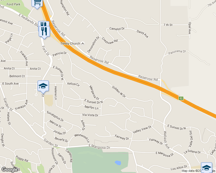 map of restaurants, bars, coffee shops, grocery stores, and more near 612 Golden West Drive in Redlands