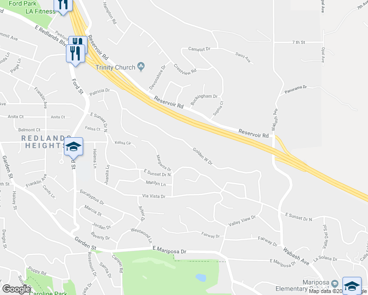 map of restaurants, bars, coffee shops, grocery stores, and more near 612 Golden West Drive in Redlands