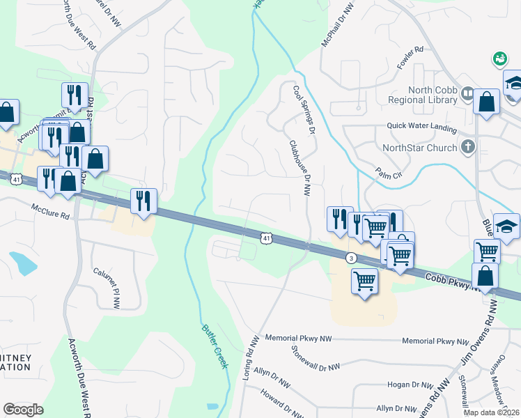 map of restaurants, bars, coffee shops, grocery stores, and more near 214 Park Forest Way Northwest in Kennesaw