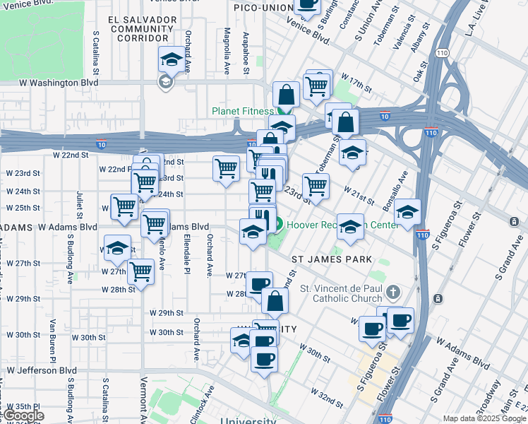 map of restaurants, bars, coffee shops, grocery stores, and more near 2501 Hoover Street in Los Angeles