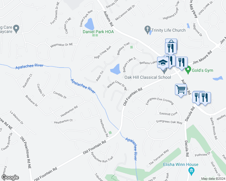 map of restaurants, bars, coffee shops, grocery stores, and more near 1363 Wilkes Crest Court in Dacula
