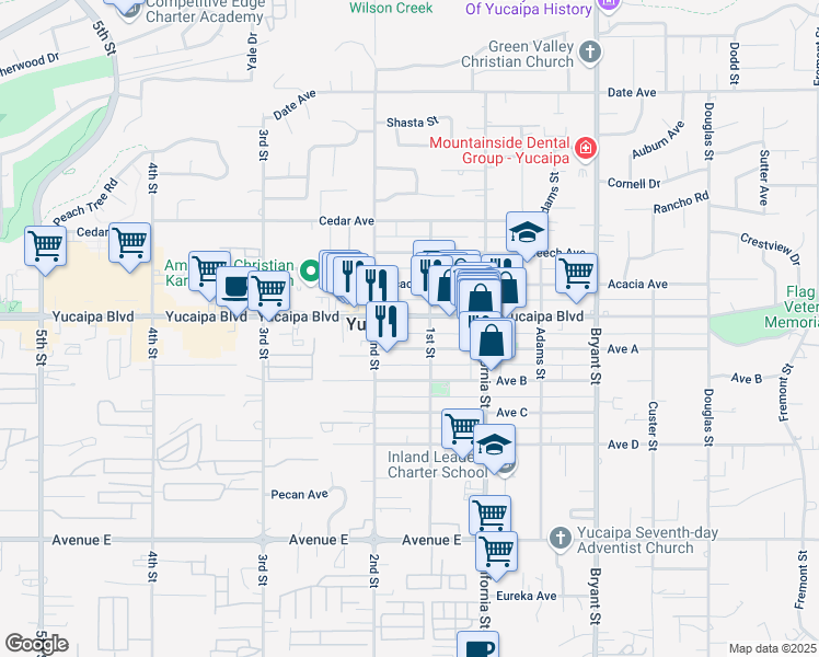 map of restaurants, bars, coffee shops, grocery stores, and more near 34955 Yucaipa Boulevard in Yucaipa