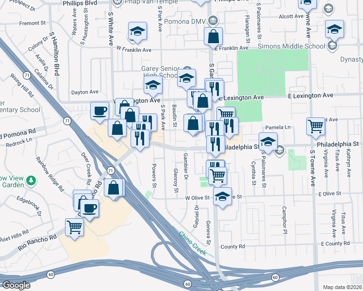 map of restaurants, bars, coffee shops, grocery stores, and more near 306 Bardley Court in Pomona