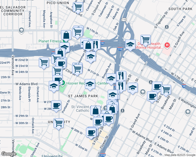 map of restaurants, bars, coffee shops, grocery stores, and more near 2118 Park Grove Avenue in Los Angeles