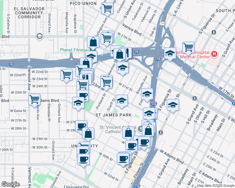 map of restaurants, bars, coffee shops, grocery stores, and more near 861 West 23rd Street in Los Angeles