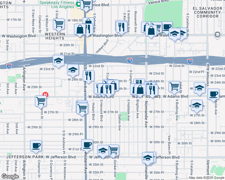 map of restaurants, bars, coffee shops, grocery stores, and more near 1858 West 25th Street in Los Angeles
