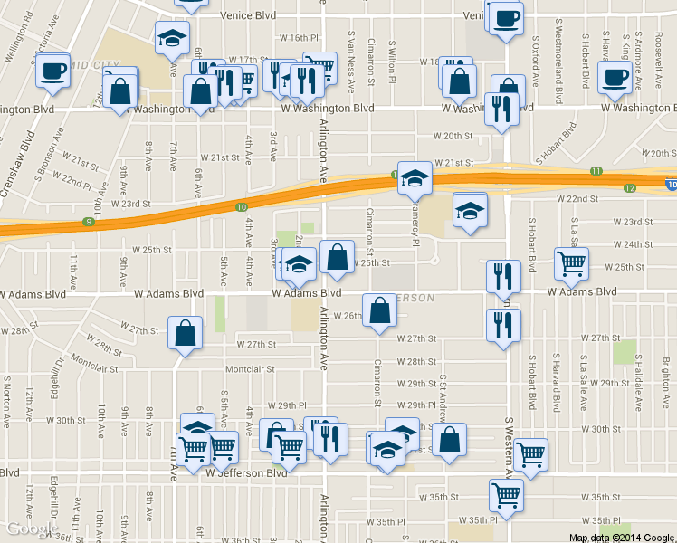map of restaurants, bars, coffee shops, grocery stores, and more near 2272 West 25th Street in Los Angeles