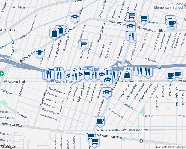 map of restaurants, bars, coffee shops, grocery stores, and more near 2510 Alsace Avenue in Los Angeles