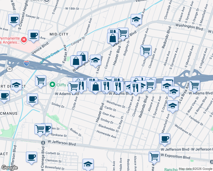 map of restaurants, bars, coffee shops, grocery stores, and more near 2520 Hauser Boulevard in Los Angeles