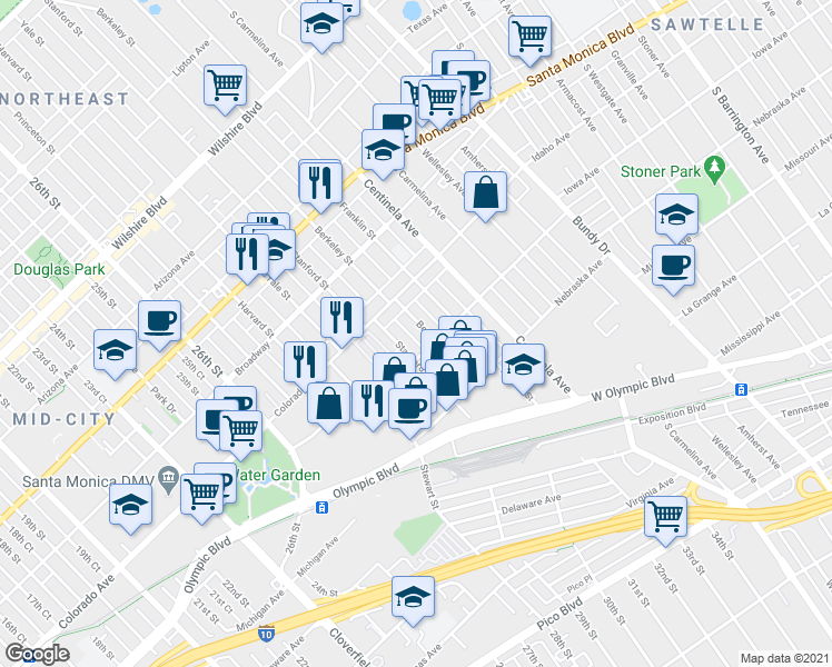 map of restaurants, bars, coffee shops, grocery stores, and more near 1642 Berkeley Street in Santa Monica