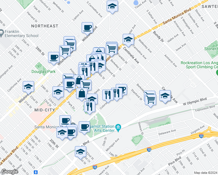 map of restaurants, bars, coffee shops, grocery stores, and more near 1518 Yale Street in Santa Monica