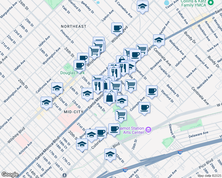 map of restaurants, bars, coffee shops, grocery stores, and more near 1420 Princeton Street in Santa Monica