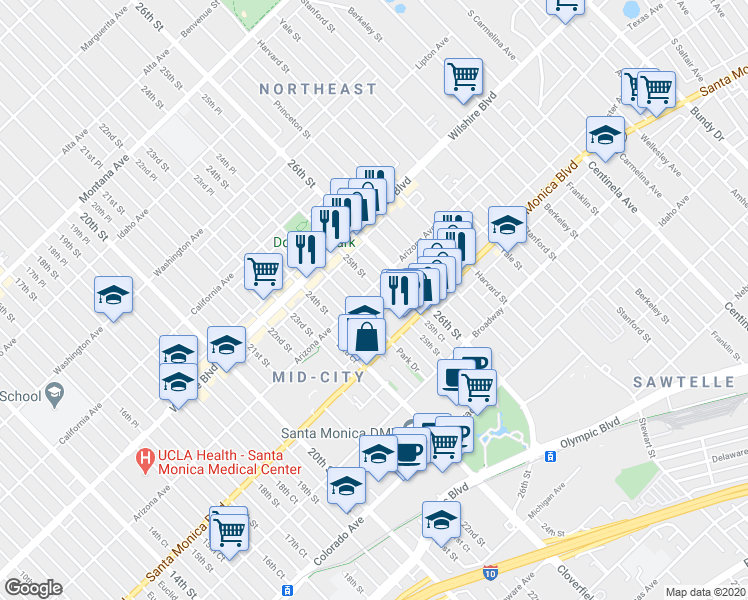 map of restaurants, bars, coffee shops, grocery stores, and more near 2510 Arizona Avenue in Santa Monica