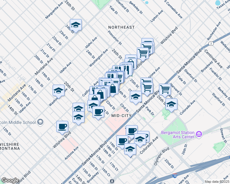 map of restaurants, bars, coffee shops, grocery stores, and more near 2300 Wilshire Boulevard in Santa Monica