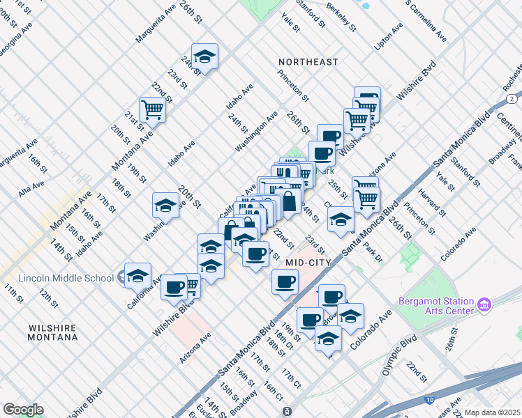 map of restaurants, bars, coffee shops, grocery stores, and more near 1133 22nd Street in Santa Monica