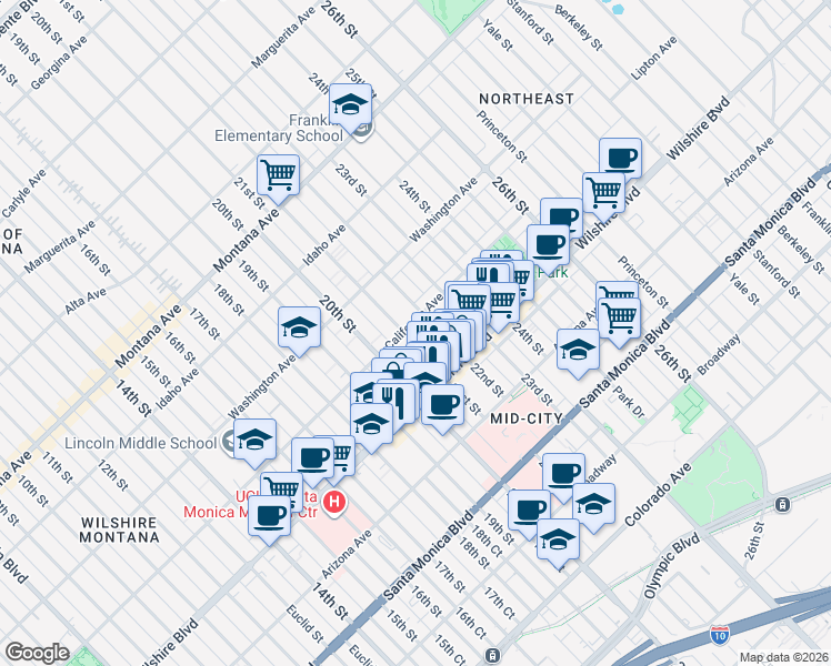 map of restaurants, bars, coffee shops, grocery stores, and more near in Santa Monica