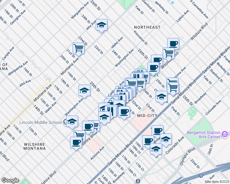 map of restaurants, bars, coffee shops, grocery stores, and more near in Santa Monica
