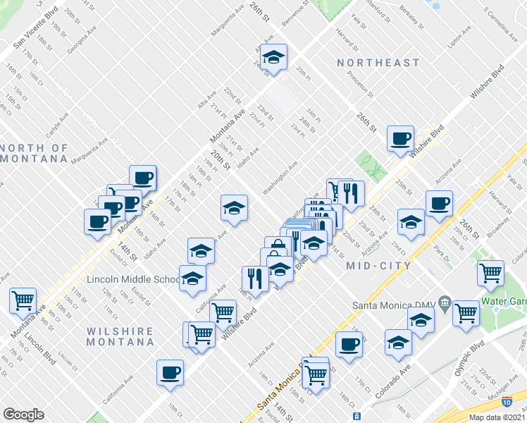 map of restaurants, bars, coffee shops, grocery stores, and more near 1922 Washington Avenue in Santa Monica