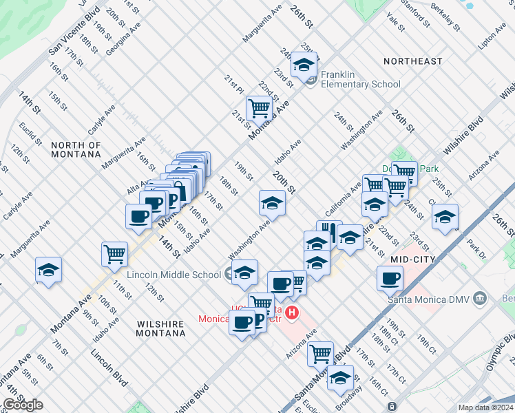 map of restaurants, bars, coffee shops, grocery stores, and more near 916 18th Street in Santa Monica