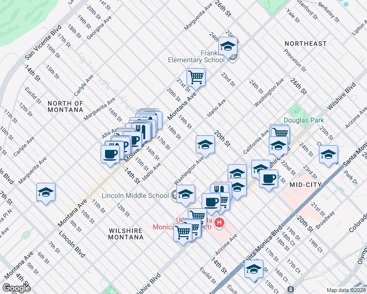 map of restaurants, bars, coffee shops, grocery stores, and more near 916 18th Street in Santa Monica
