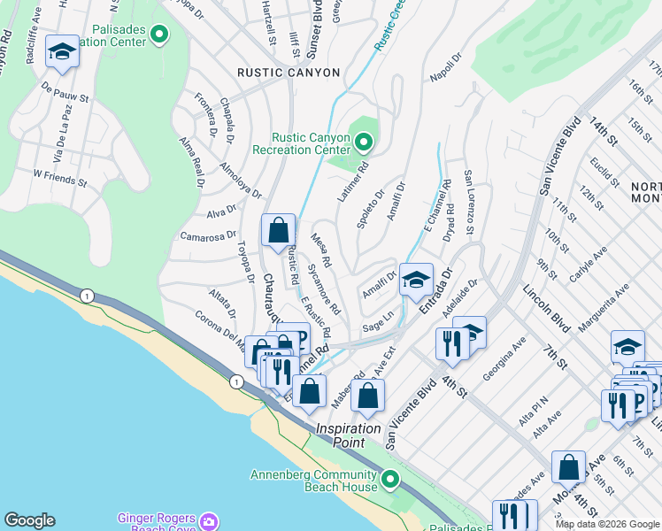 map of restaurants, bars, coffee shops, grocery stores, and more near 433 Mesa Road in Santa Monica