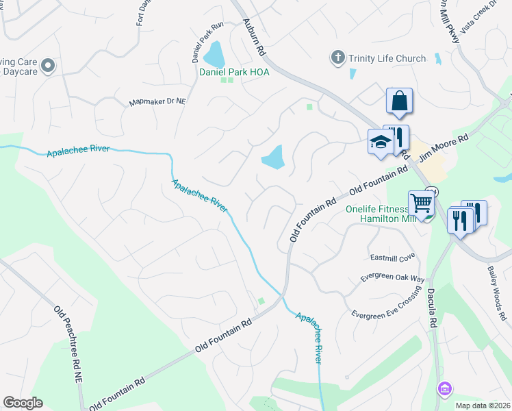 map of restaurants, bars, coffee shops, grocery stores, and more near 1470 Wilkes Crest Drive Northeast in Dacula