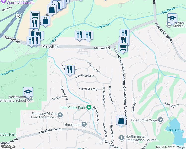 map of restaurants, bars, coffee shops, grocery stores, and more near 725 Crab Orchard Drive in Roswell