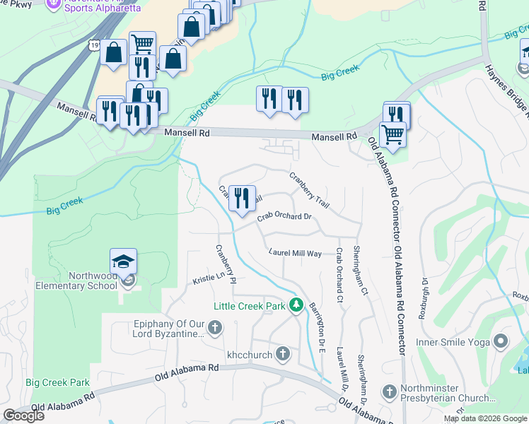 map of restaurants, bars, coffee shops, grocery stores, and more near 805 Crab Orchard Drive in Roswell