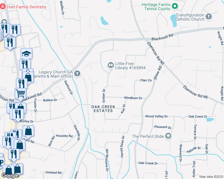 map of restaurants, bars, coffee shops, grocery stores, and more near 3492 Ember Street in Marietta
