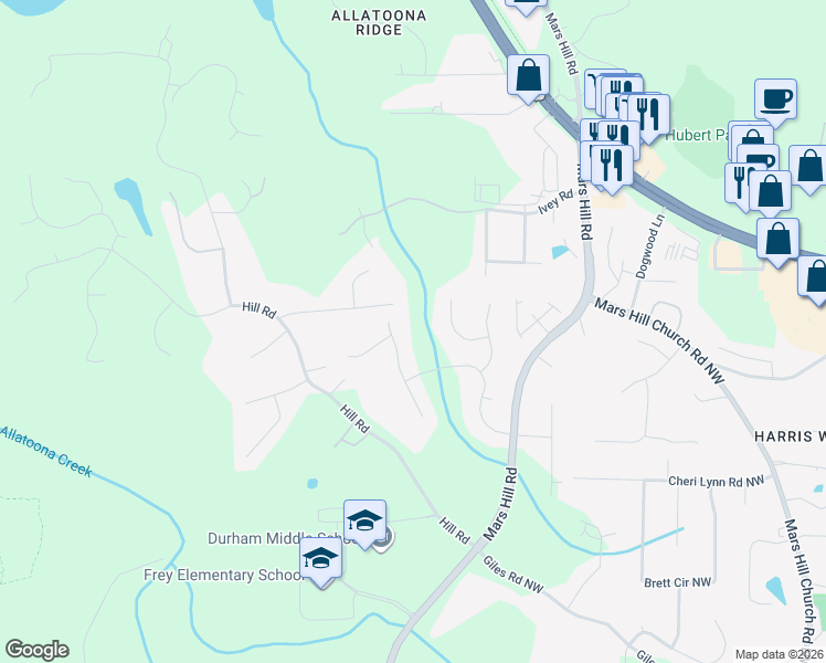 map of restaurants, bars, coffee shops, grocery stores, and more near 3226 Aviary Court Northwest in Acworth