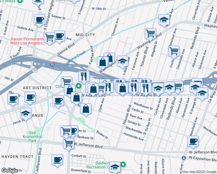 map of restaurants, bars, coffee shops, grocery stores, and more near 2524 Clyde Avenue in Los Angeles