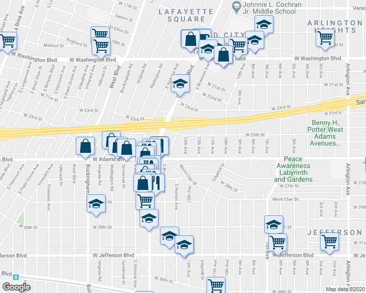map of restaurants, bars, coffee shops, grocery stores, and more near 2537 13th Avenue in Los Angeles