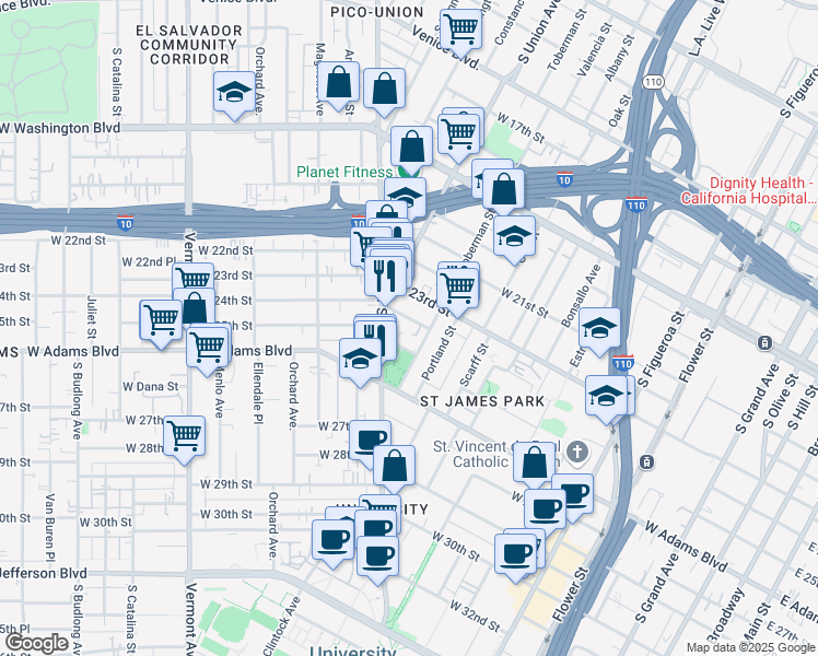 map of restaurants, bars, coffee shops, grocery stores, and more near 1024 West 24th Street in Los Angeles
