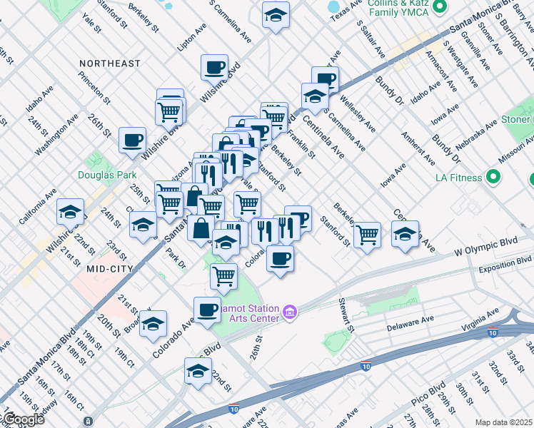 map of restaurants, bars, coffee shops, grocery stores, and more near 1524 Yale Street in Santa Monica