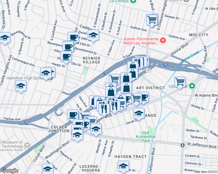 map of restaurants, bars, coffee shops, grocery stores, and more near 2869 South Corning Street in Los Angeles