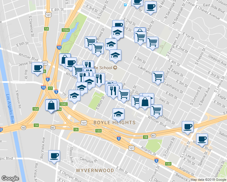 map of restaurants, bars, coffee shops, grocery stores, and more near 740 South Mott Street in Los Angeles