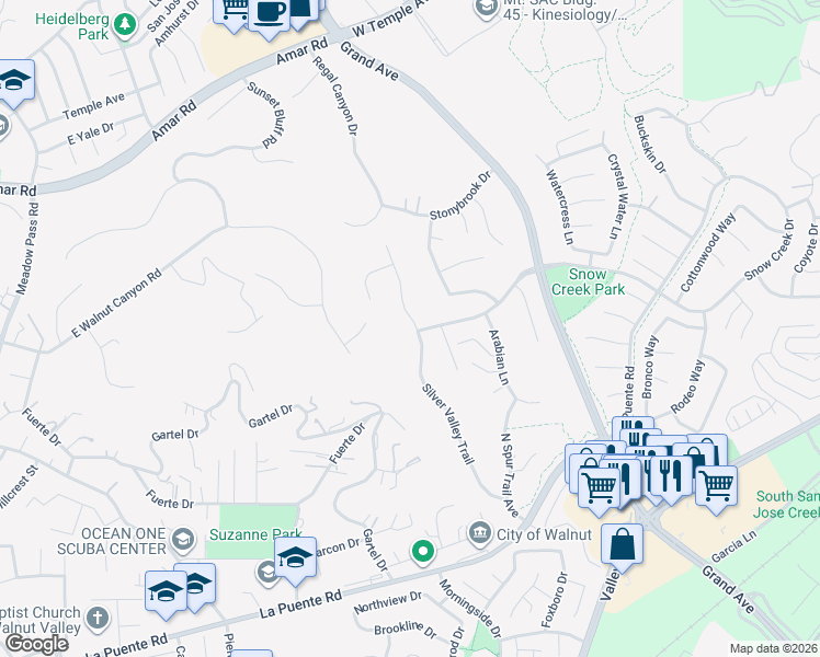 map of restaurants, bars, coffee shops, grocery stores, and more near 805 Silver Valley Trail in Walnut