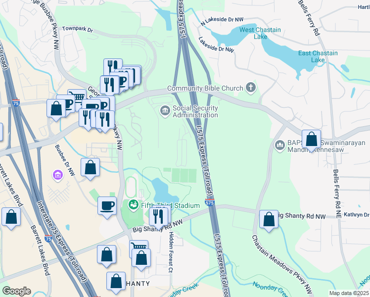 map of restaurants, bars, coffee shops, grocery stores, and more near 3336 Chastain Gardens Drive Northwest in Kennesaw
