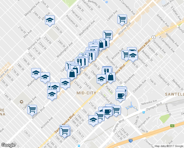 map of restaurants, bars, coffee shops, grocery stores, and more near 1246 Chelsea Avenue in Santa Monica