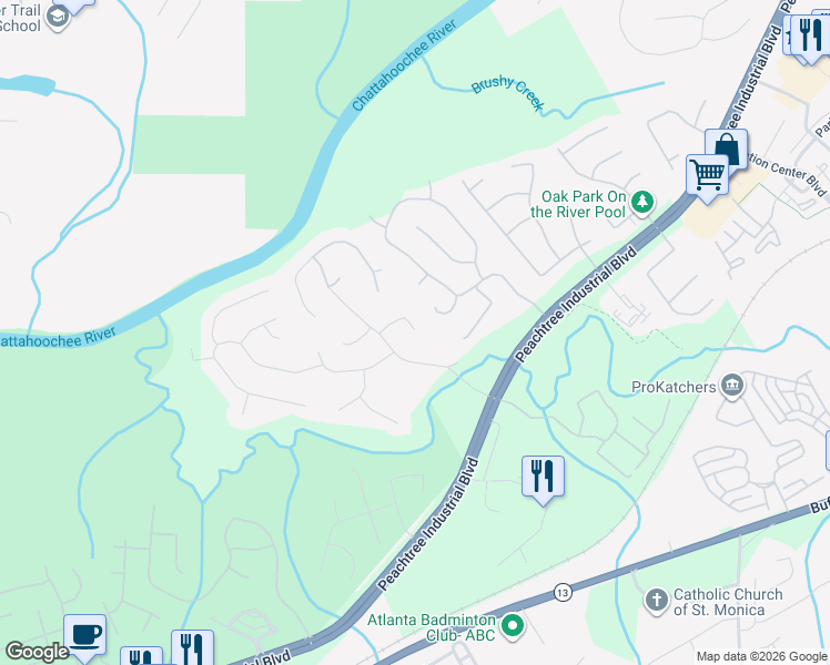 map of restaurants, bars, coffee shops, grocery stores, and more near 1720 Noblin Summit Drive in Duluth