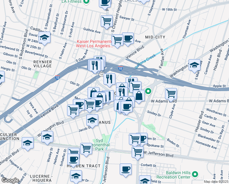 map of restaurants, bars, coffee shops, grocery stores, and more near 2732 South La Cienega Boulevard in Los Angeles