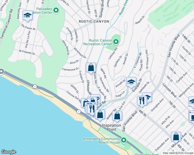 map of restaurants, bars, coffee shops, grocery stores, and more near 462 East Rustic Road in Santa Monica
