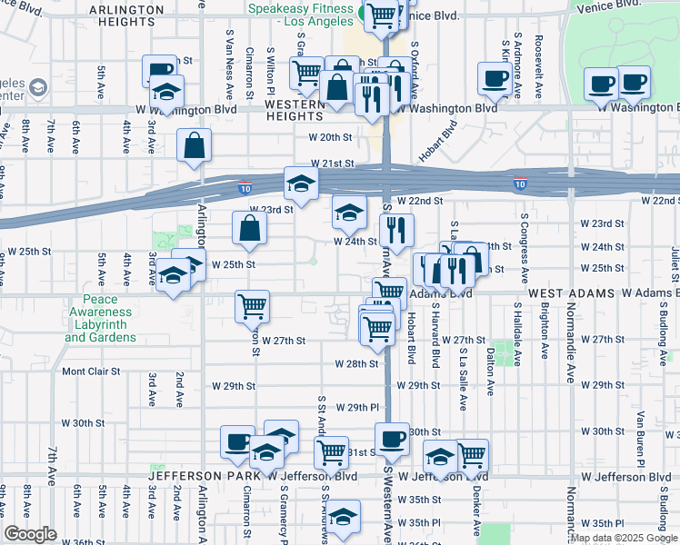 map of restaurants, bars, coffee shops, grocery stores, and more near 2468 S St Andrews Pl in Los Angeles