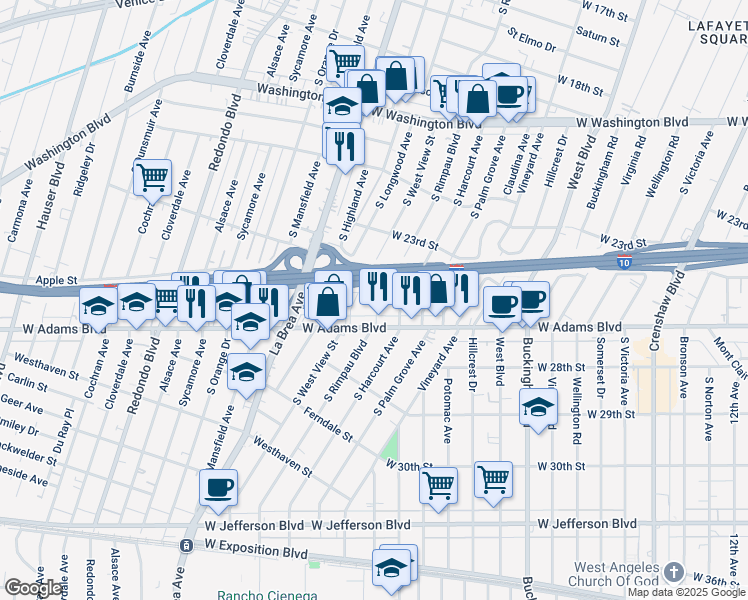 map of restaurants, bars, coffee shops, grocery stores, and more near 2521 South Rimpau Boulevard in Los Angeles