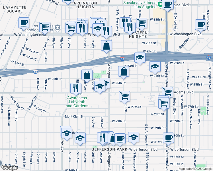 map of restaurants, bars, coffee shops, grocery stores, and more near 2302 West 25th Street in Los Angeles