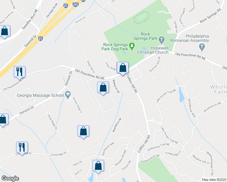 map of restaurants, bars, coffee shops, grocery stores, and more near 274 Autry Mill Lane in Suwanee