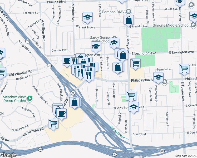 map of restaurants, bars, coffee shops, grocery stores, and more near 2104 Powers Street in Pomona