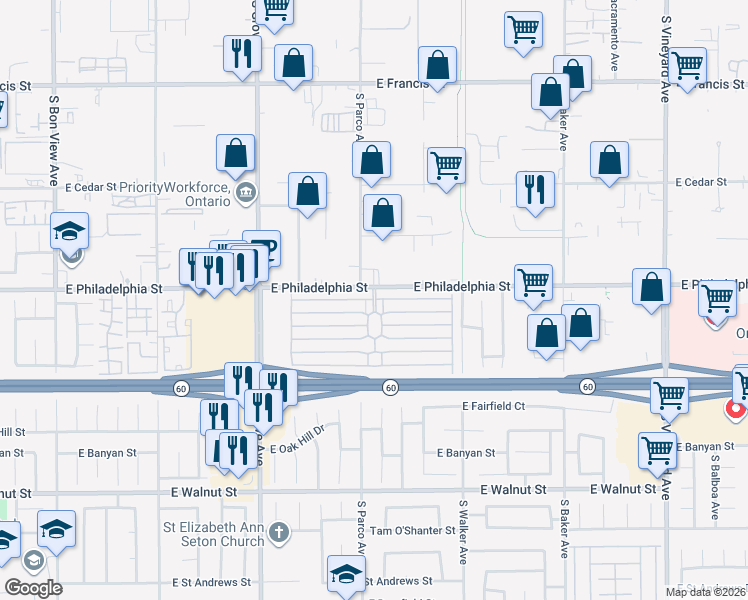 map of restaurants, bars, coffee shops, grocery stores, and more near Vía Del Norte in Ontario