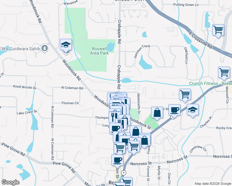 map of restaurants, bars, coffee shops, grocery stores, and more near 1274 Canton Street in Roswell